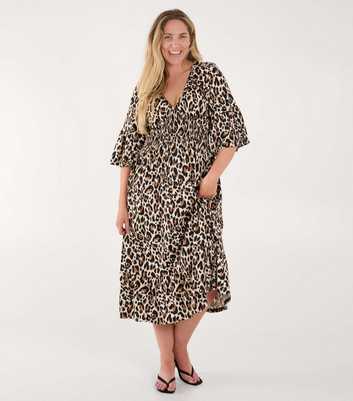 Blue Vanilla Curves Cream Animal Print Shirred Waist Midi Dress