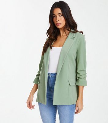 Chic Shirred Sleeve Blazer - Moss Green
