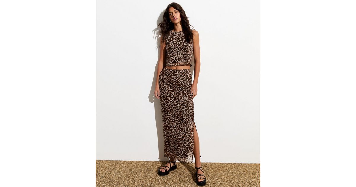 Brown Leopard Print Frill Trim Slitted Mesh Maxi Skirt | New Look
