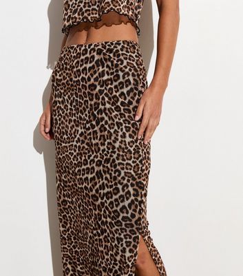 Brown Leopard Print Frill Trim Slitted Mesh Maxi Skirt New Look