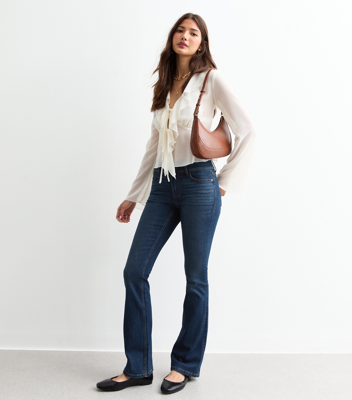 Women's Navy Double Waistband Flared Jeans New Look
