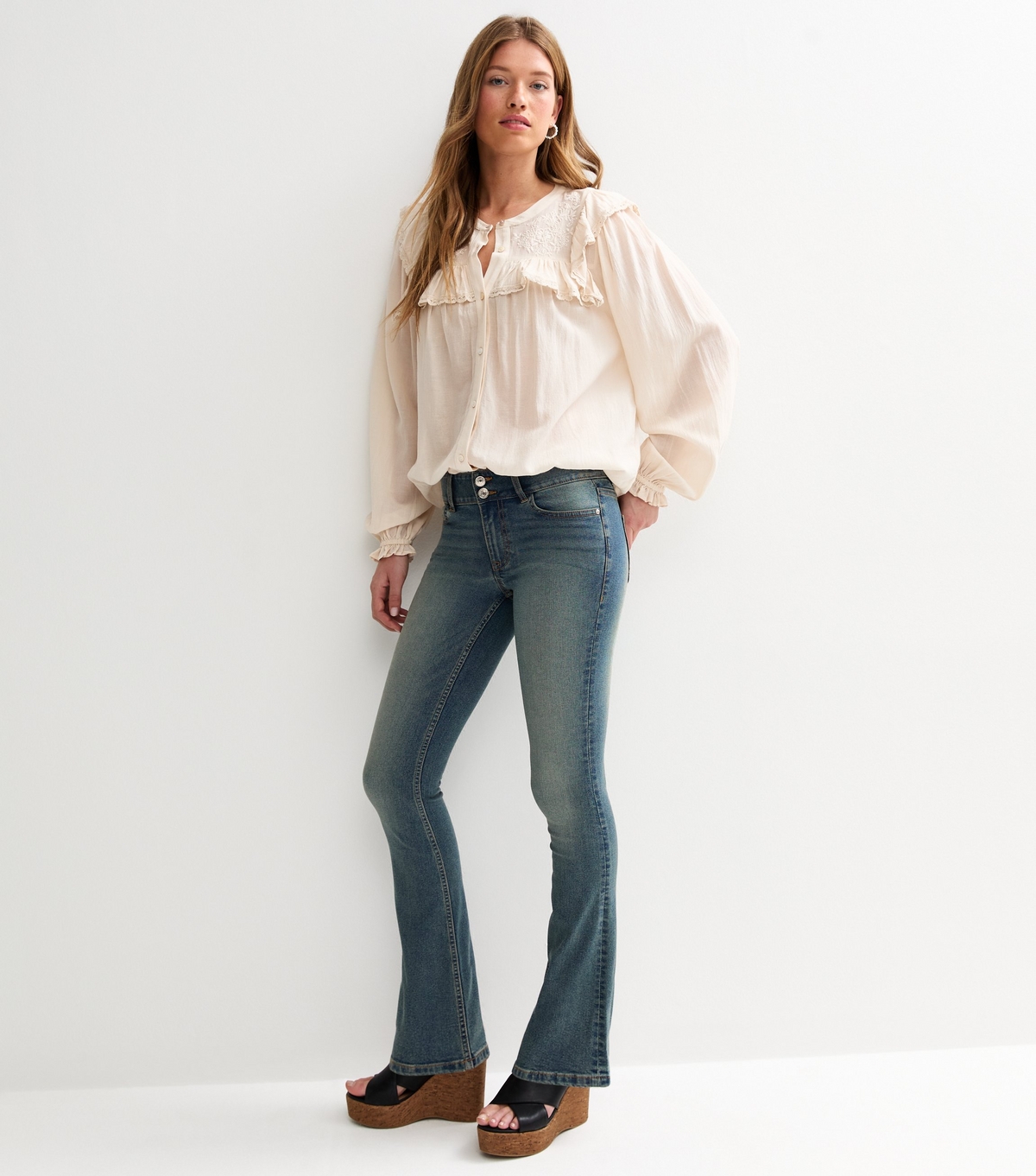Women's Blue Vintage Tint Double Waistband Flared Jeans New Look