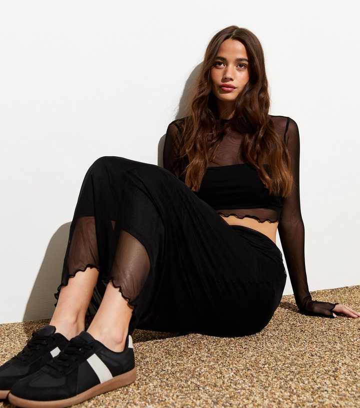 Black Mesh Frill Hem Maxi Skirt