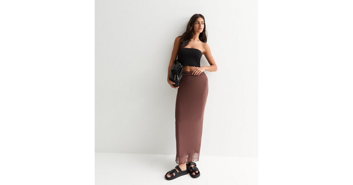 Curve Mesh straight fit maxi skirt in rust