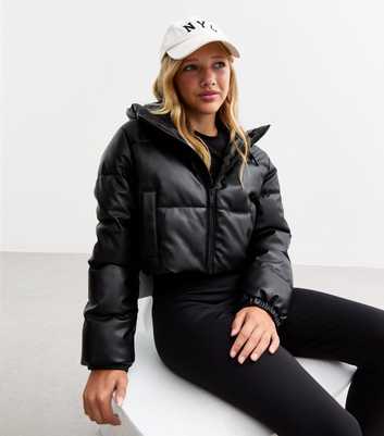 Girls Black Faux Leather Hooded Crop Puffer Jacket