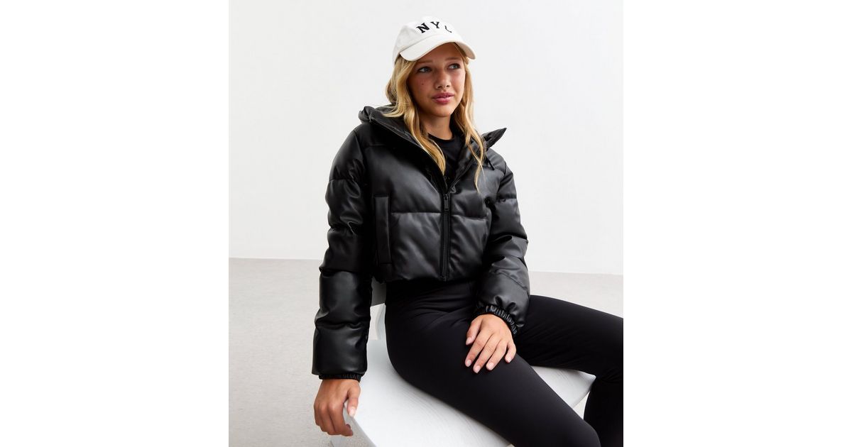 Girls Black Faux Leather Hooded Crop Puffer Jacket New Look