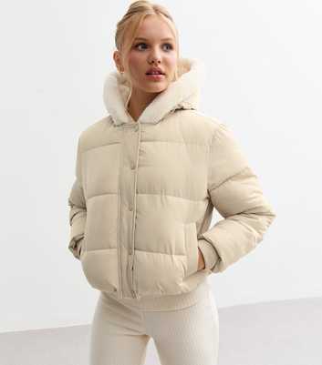 Girls Off White Faux Fur Lined Puffer Coat