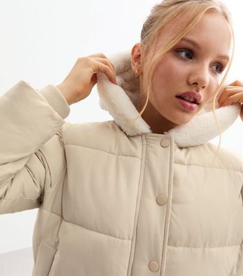 Girls Off White Faux Fur Lined Puffer Coat New Look