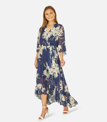 Yumi Navy Floral Chiffon Dip Hem Wrap Midi Dress