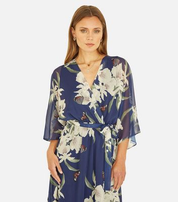 Yumi Navy Floral Chiffon Dip Hem Wrap Midi Dress New Look