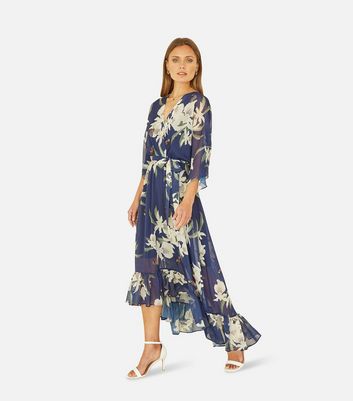 Yumi Navy Floral Chiffon Dip Hem Wrap Midi Dress | New Look