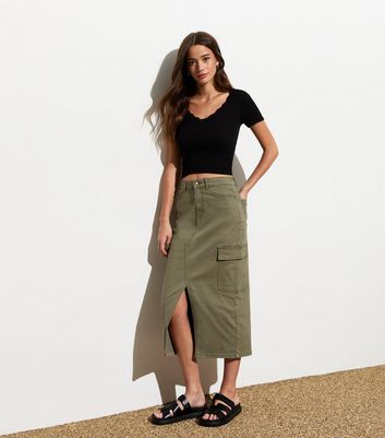 ONLY Olive Split Hem Cargo Midi Skirt