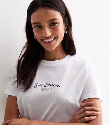 White Cotton Girl Dinner Slogan T-Shirt