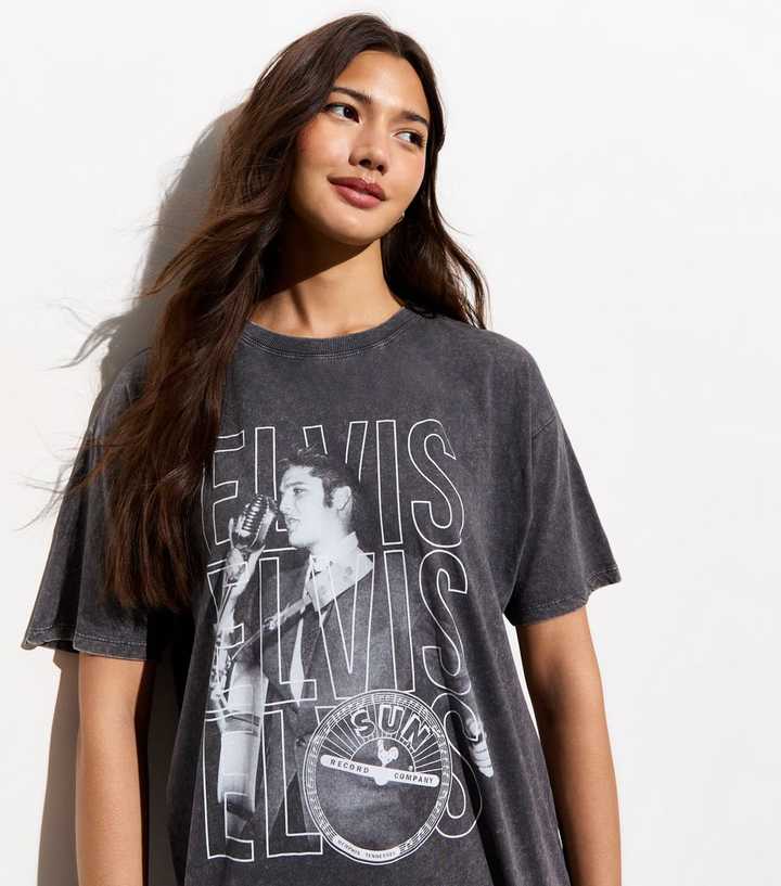 Dark Grey Cotton Acid Wash Elvis Print Oversized T-Shirt