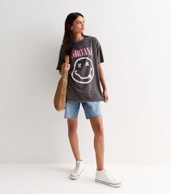 Dark Grey Daisy Nirvana Logo Oversized T-Shirt New Look