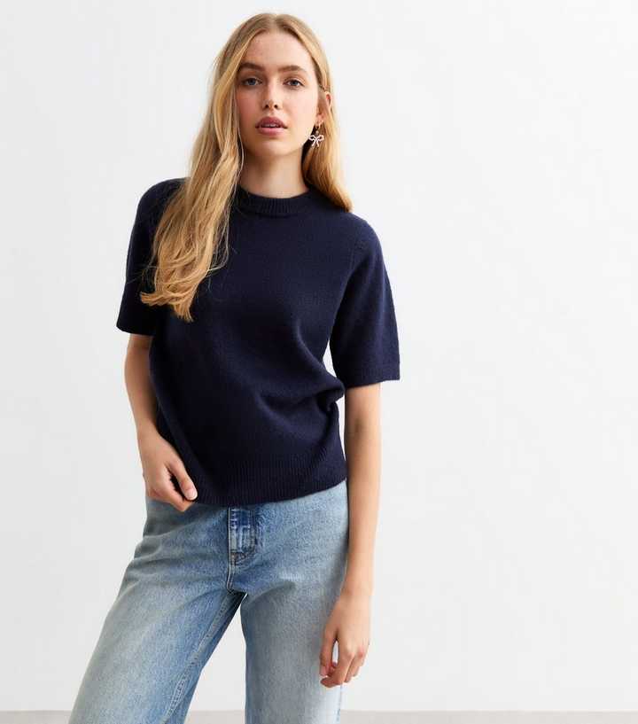 Navy Short Sleeve Soft Knit Top 