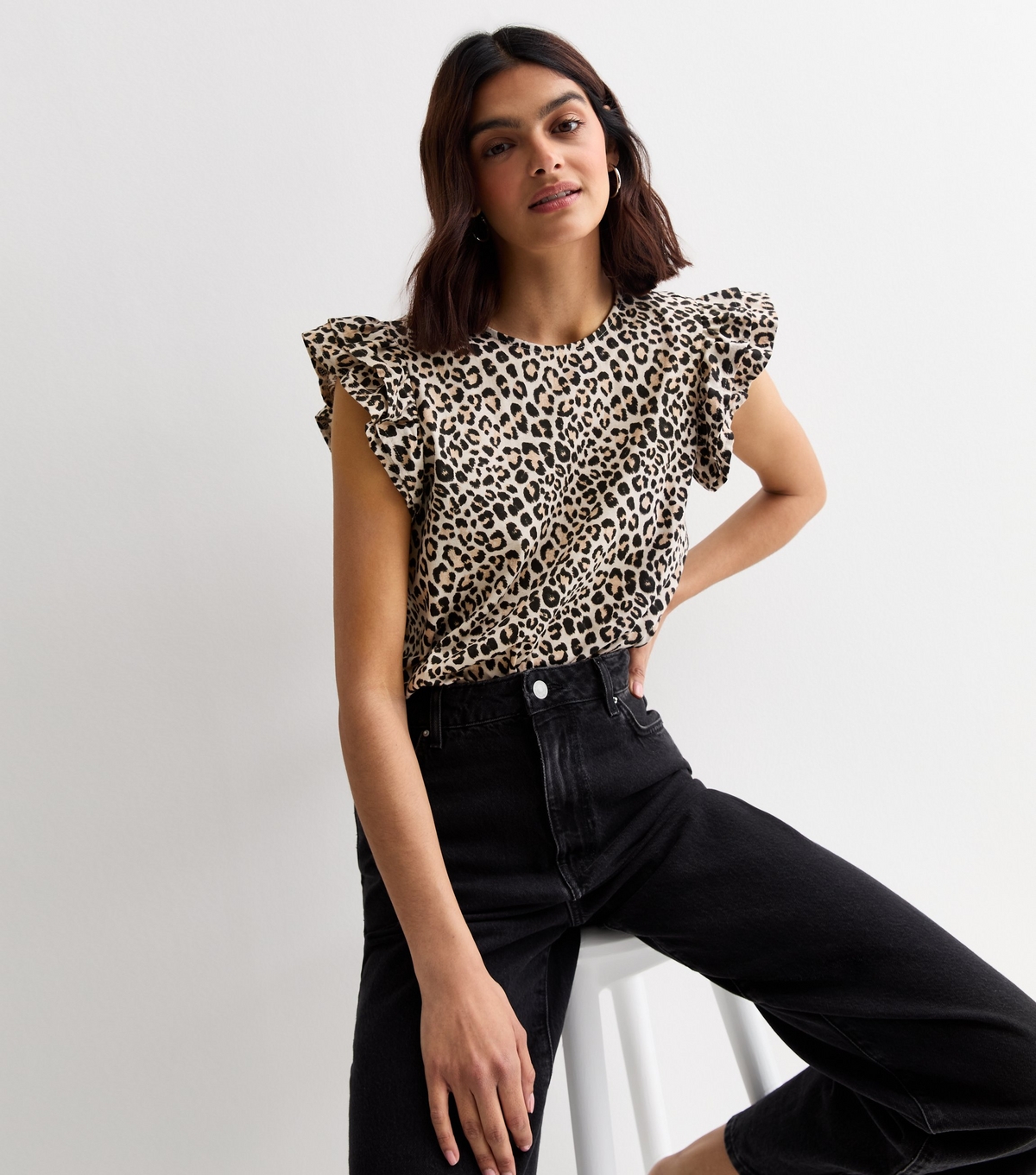 Women's Brown Ruffle Trim Leopard Print Shell Top New Look