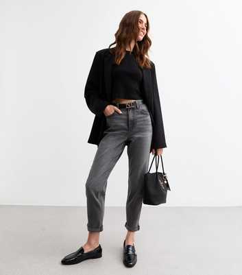 Grey Cropped Leg Mid-Rise Denim Mom Jeans