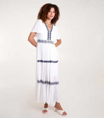 Blue Vanilla White Embroidered Tiered Maxi Dress