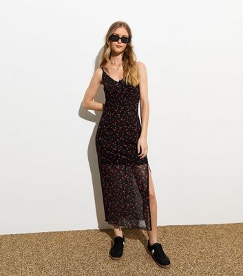 Black Cherry Print Mesh Strappy Midi Dress