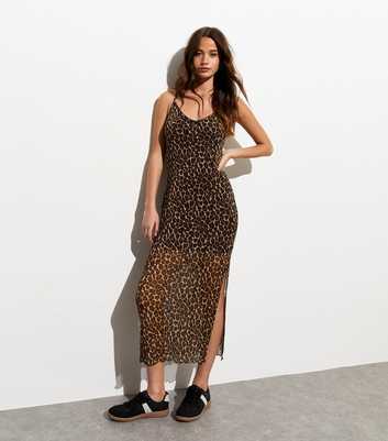 Brown Leopard Print Mesh Strappy Midi Dress