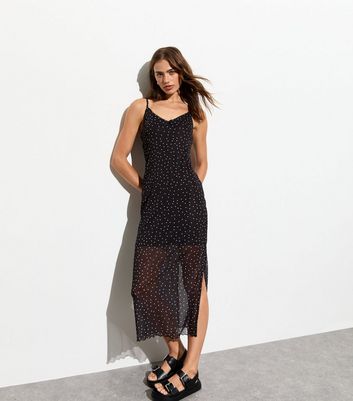 Black Polka Dot Mesh Strappy Midi Slip Dress New Look