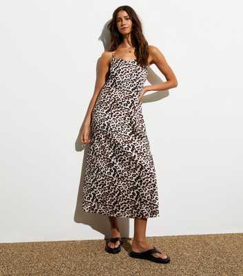 Brown Leopard-Print Satin Slip Midi Dress