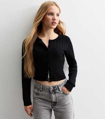 Girls Black Cotton Cable Knit Crew Neck Cardigan