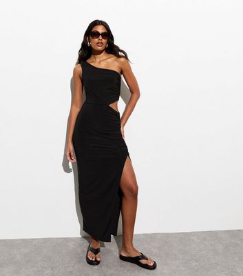 Black One Shoulder Cut Out Midi Dress