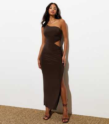 Brown One Shoulder Cut Out Midi Dress