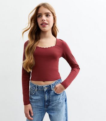 Girls Burgundy Scoop Neck Ribbed Jersey Top | New Look