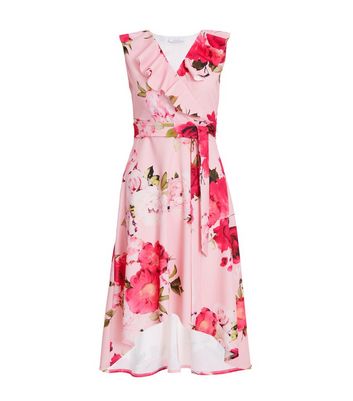 QUIZ Petite Pink Floral Wrap Midi Dress New Look