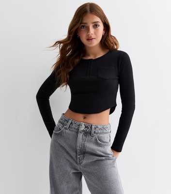 Girls Black Rib Buttoned Cropped T-Shirt