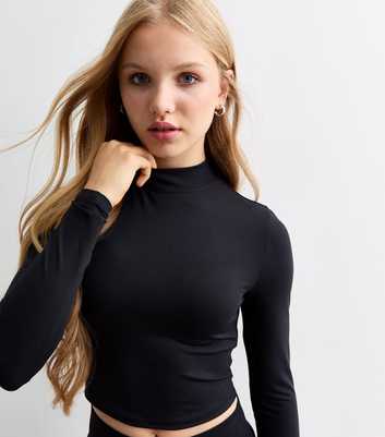 Girls Black High Neck Long Sleeve Top