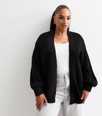 Curves Black Balloon Sleeve Chunky Knit Cardigan