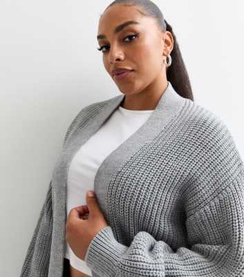 Curves Grey Balloon Sleeve Chunky Knit Cardigan