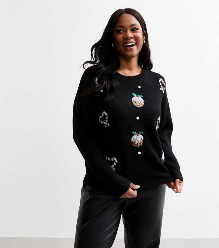 Black Sequin Embellished Plus Size Christmas Tees Black Sequin