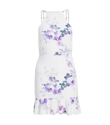 QUIZ Petite White Floral Halter Neck Frill Mini Dress New Look