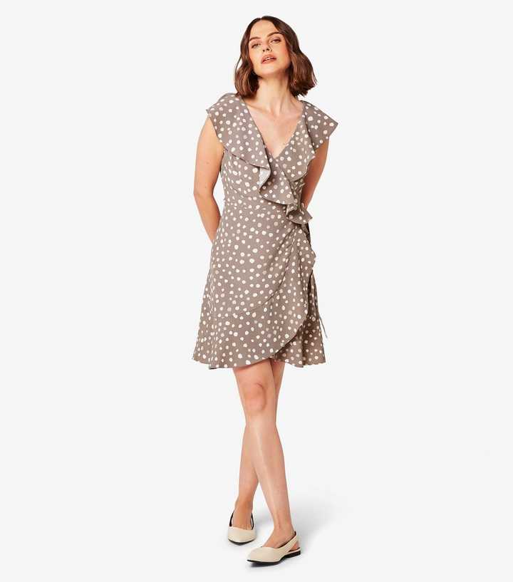 Apricot Grey Spot Ruffle Mini Wrap Dress