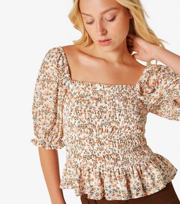 Apricot Off White Ditsy Floral Chiffon Peplum Top New Look