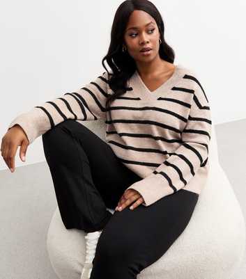 Curves Beige Knit V-Neck Striped Jumper