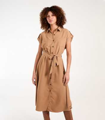 Blue Vanilla Camel Utility Shirt Midi Dress