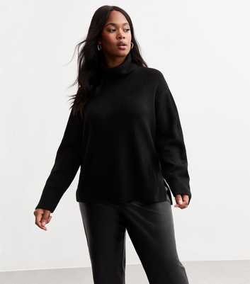 Curves Black Slit Hem Roll Neck Jumper