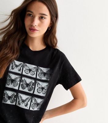 Grey Cotton Graphic Butterfly Print T-shirt New Look