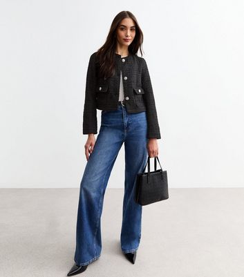 Black Bouclé Crop Jacket New Look