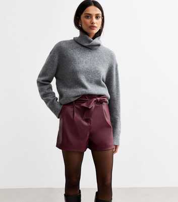 Burgundy Tie Waist Faux Leather Shorts