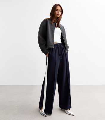 Navy Stripe Trimmed Tailored Wide Leg Joggers