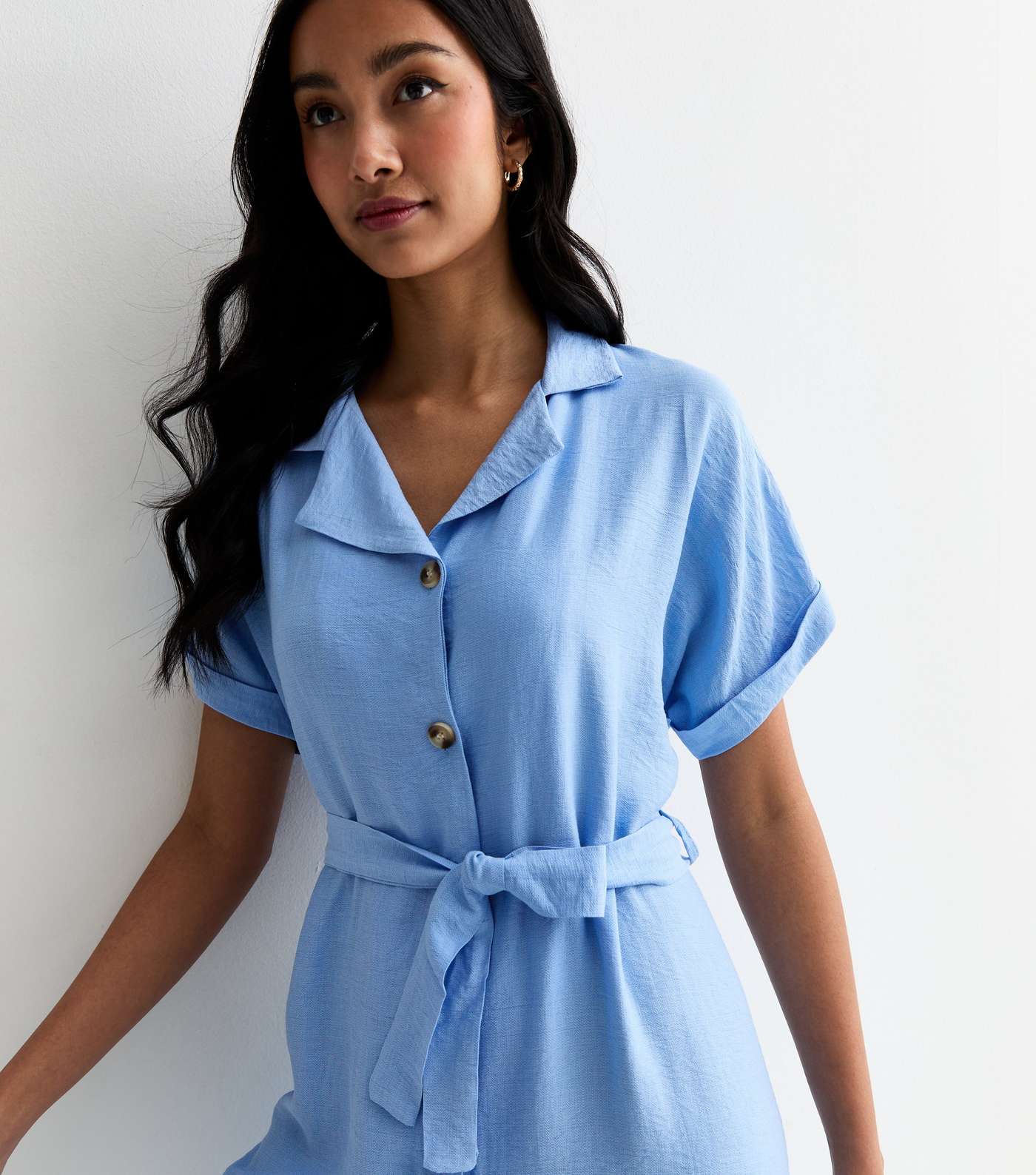 Gini London Pale Blue Short Sleeve Belted Midi Shirt Dress Image 2