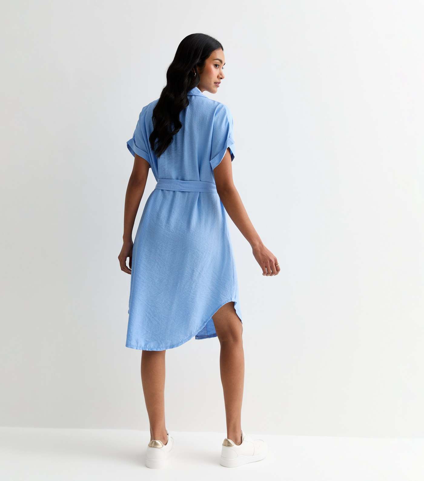 Gini London Pale Blue Short Sleeve Belted Midi Shirt Dress Image 4