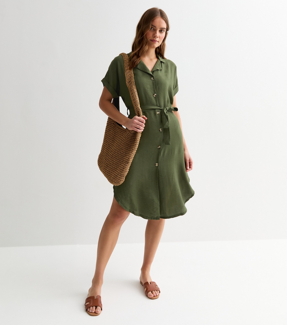 Women's Khaki Short Sleeve Midi Shirt Dress Gini London New Look